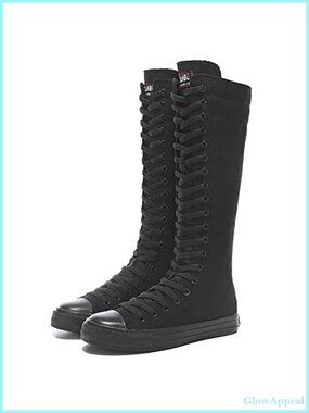 Lace Up Knee High Canvas Zip Boots Fancy School Shoes